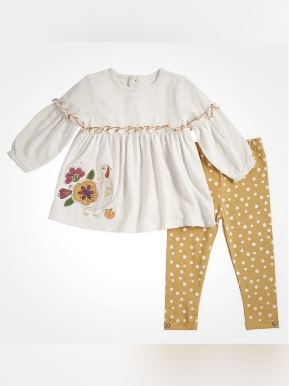NWT Mud Pie Baby Girls Appliqué Turkey Tunic & Yellow Polka Dot Pants Size 3-6M